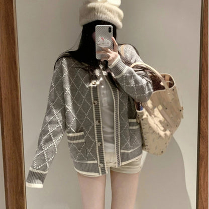 Rhombus Sweater Coat Women's Mid-length Gray Knitted Cardigan