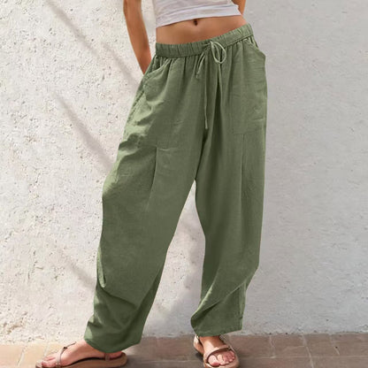 Women’s cotton-linen loose lounge pants, olive green, elastic waistband with drawstring
