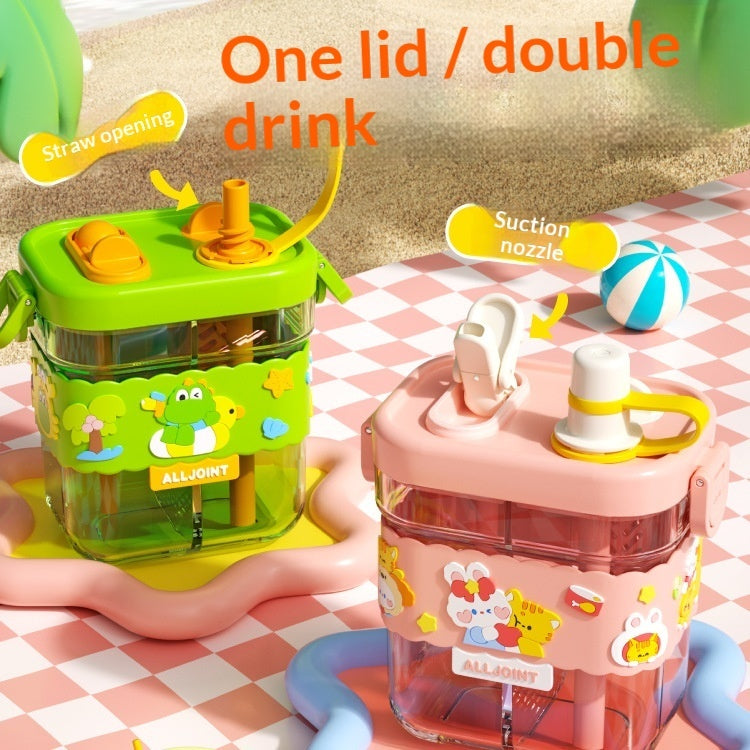 Kids dual-chamber straw water bottle set with suction nozzles and two lids