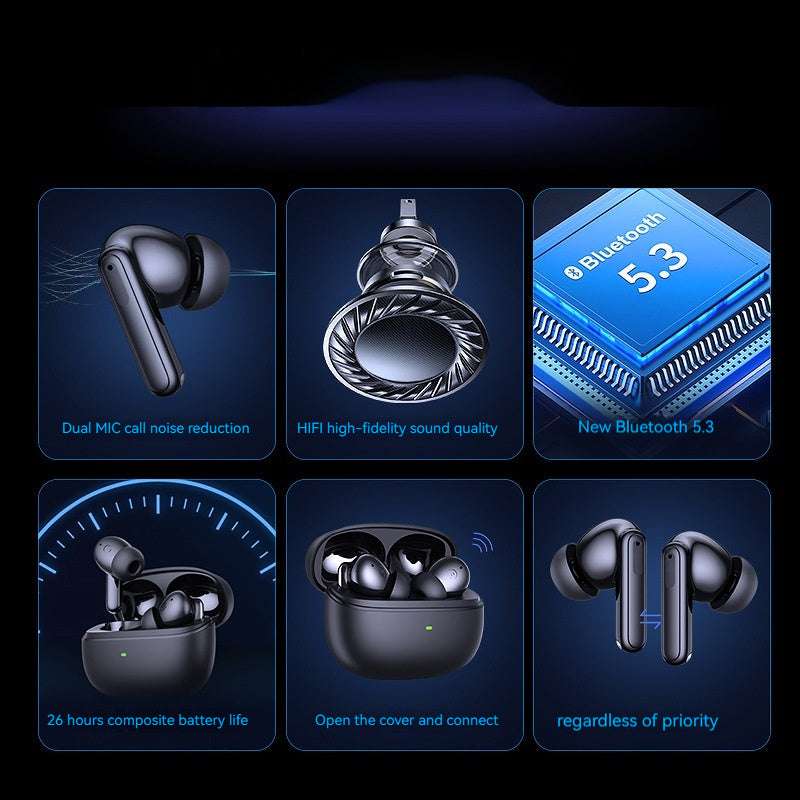 Promotional image of wireless earbuds with features highlighted on a dark blue background.