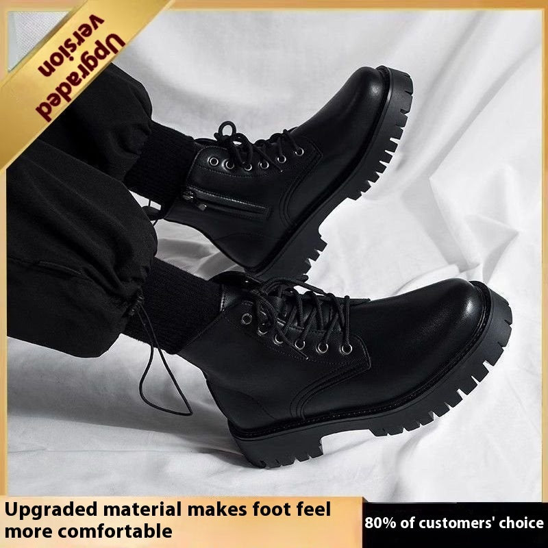 Black lace-up high-top leather boots with thick lug sole, shown from side