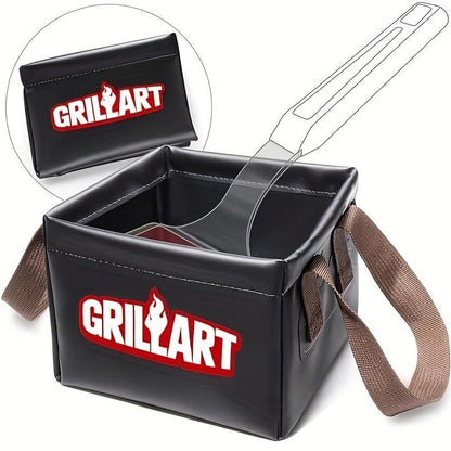 Black grill cleaning pouch with brown strap and spatula, featuring GrillArt logo.