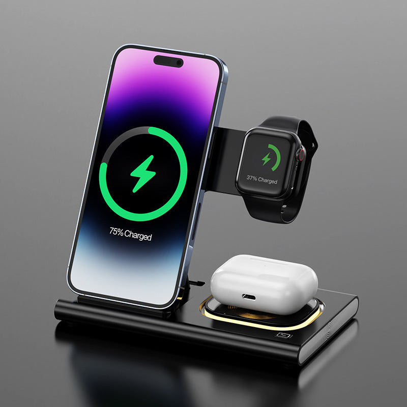 Wireless charging stand with smartphone, smartwatch, and earbuds on a gray background
