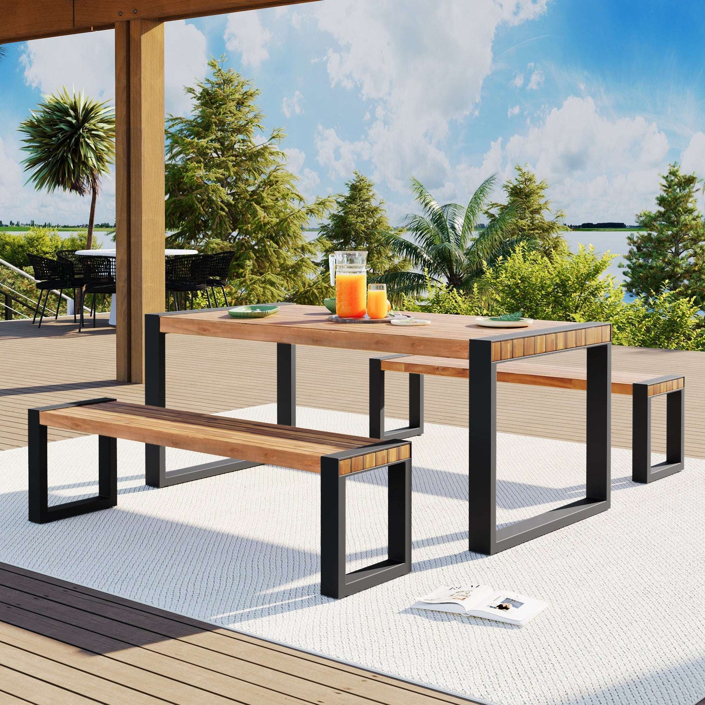 Outdoor dining table with two benches, acacia wood top and dark metal frames