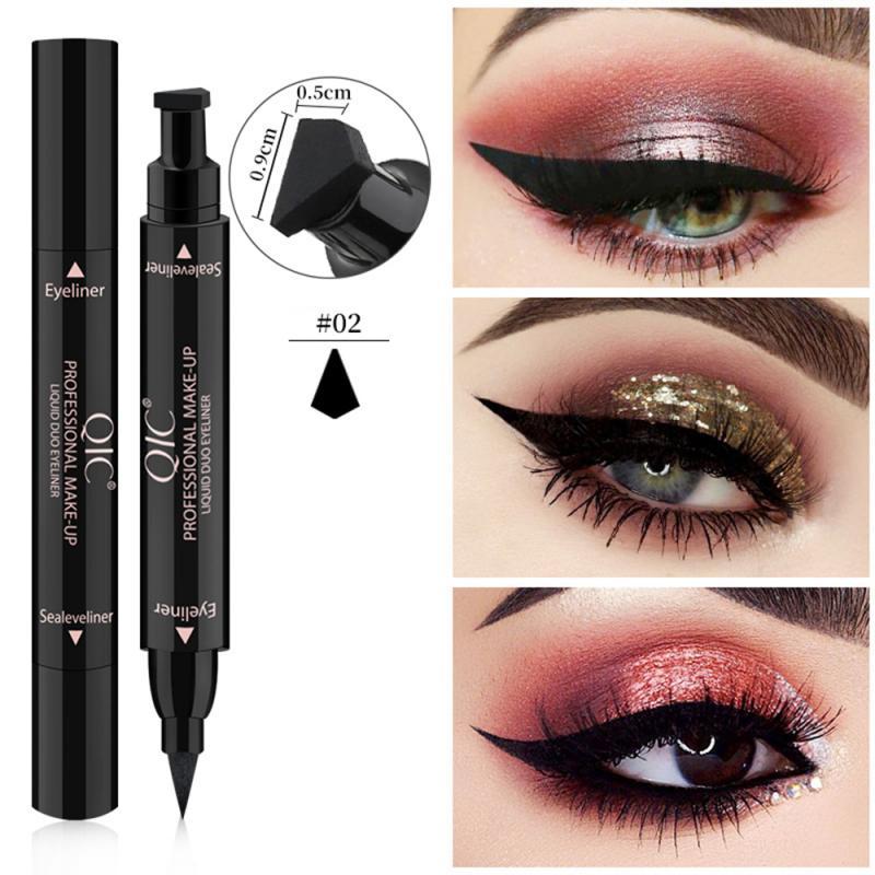 Dual-ended eyeliner stamp pen with stamp head closeup and dark winged eyeliner results