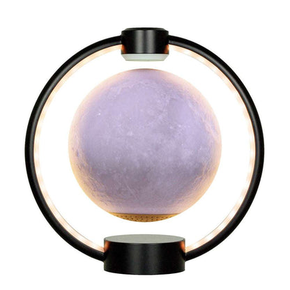 Floating moon lamp with lavender glowing moon, white LED ring, black base