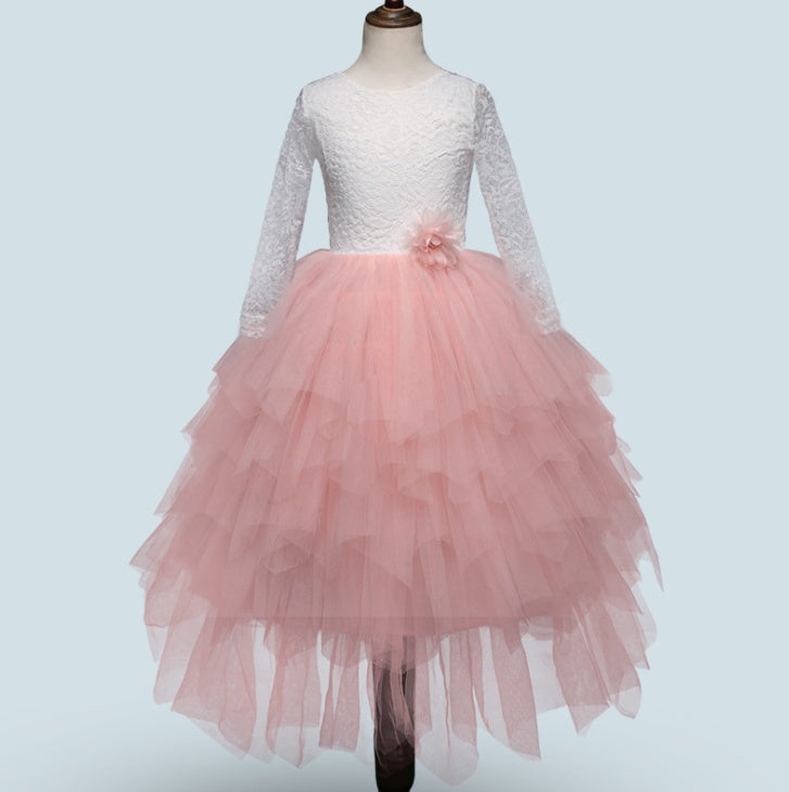 Girls lace princess dress on mannequin, white lace bodice and pink layered tulle skirt