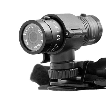 Action camera with lens and mount on a white background