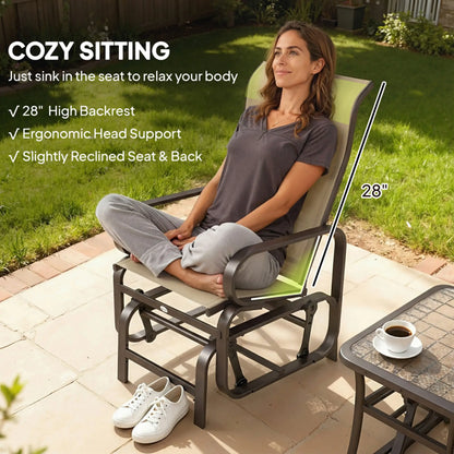 Ergonomic patio rocking chair with beige cushion, high head support, and dark rocking base