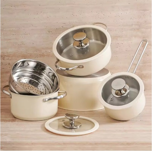9 Pcs Stainless Steel Ceramic Coated Cookware Set with Lids & Steamer