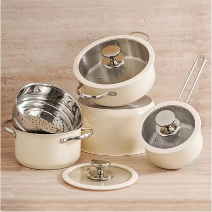 9 Pcs Stainless Steel Ceramic Coated Cookware Set with Lids & Steamer 9pcs Stainless Steel Ceramic Coated Pot | Ectron Online