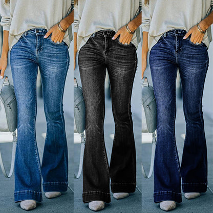 Women's Spring And Summer High Waist Temperament Slim Washed Bell-bottom Pants