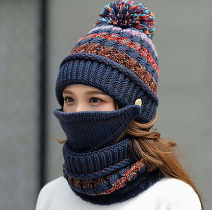 Korean winter knitted hat in dark blue knit with pom-pom and ribbed face-covering neck warmer