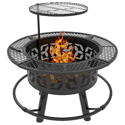 Black portable fire pit with perforated bowl, dual grill grates, and flames