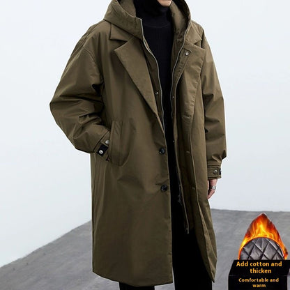 Army green hooded mid-length trench coat with storm placket and button front