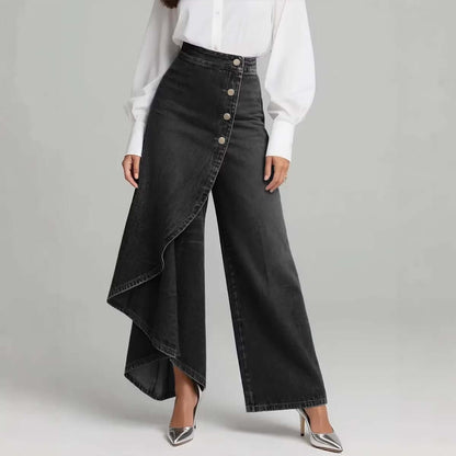 Black denim straight-leg pants with asymmetrical ruffle overlay and front buttons
