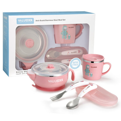 VALUEDER Baby Stainless Steel Feeding set with Baby Feeding Bowl Baby Spoon and Baby Cup As Gift Box