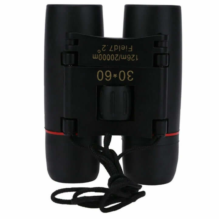 Black binoculars with orange lens rings and connected strap, front view
