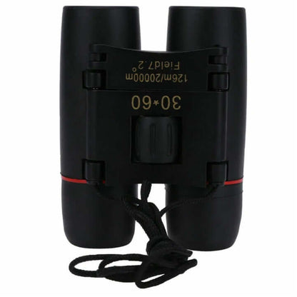 Black binoculars with orange lens rings and connected strap, front view