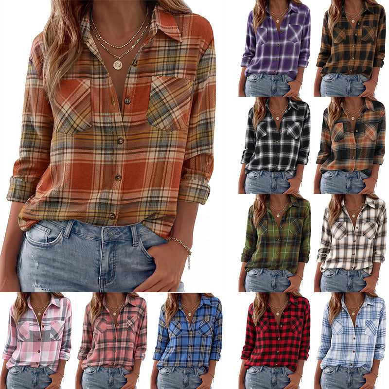 Loose-fit plaid button-up shirt in rust and tan checks with chest pockets