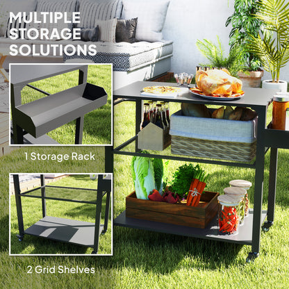 Black 3-tier grill cart with flat tabletop, lower shelves, and side rail handles