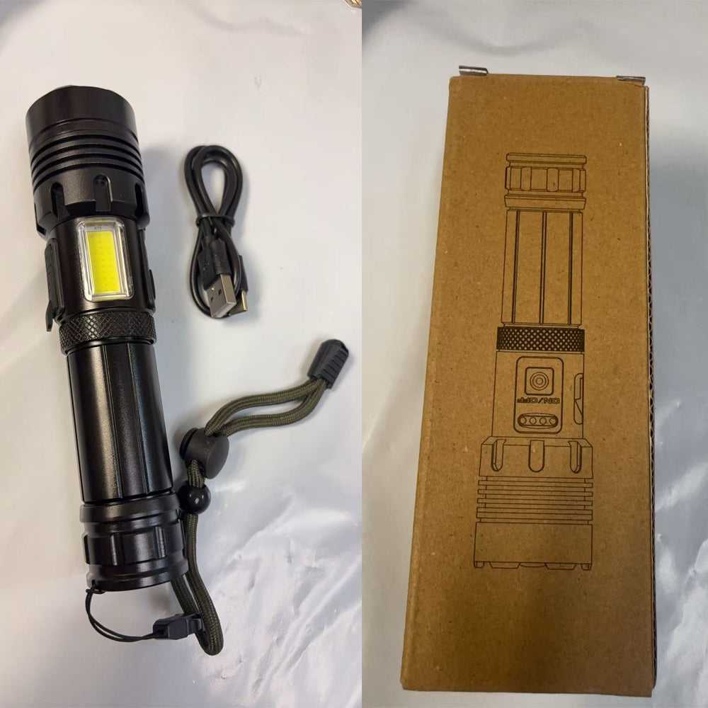 Black LED rechargeable flashlight with lanyard and charging cord in kraft box