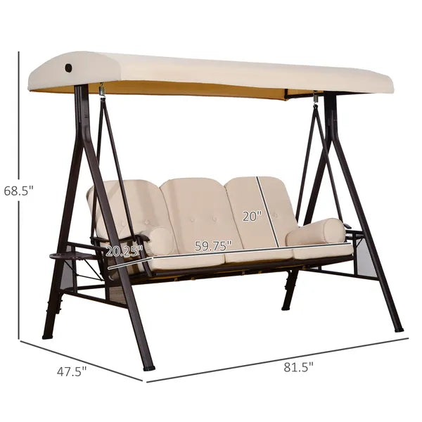 Beige cushioned porch swing with cream canopy and black metal frame, side view