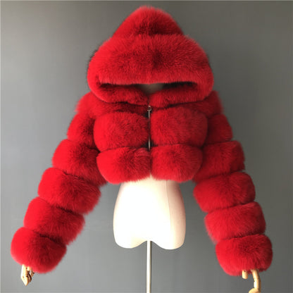 Women's Short Hooded Faux Fur Coat | Trendy Long Sleeve Plush Jacket Short hooded faux fur long sleeve coat | Ectron Online