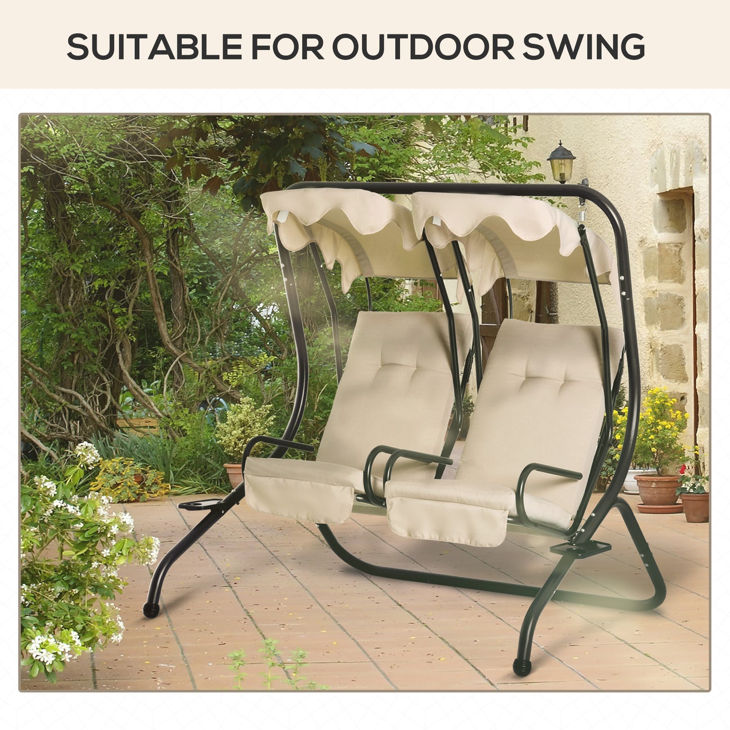 Beige Outdoor Porch Swing Cushions - Set of 2 Tufted Replacement Pads