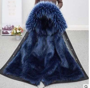 Blue fur coat with a large hood on a white background