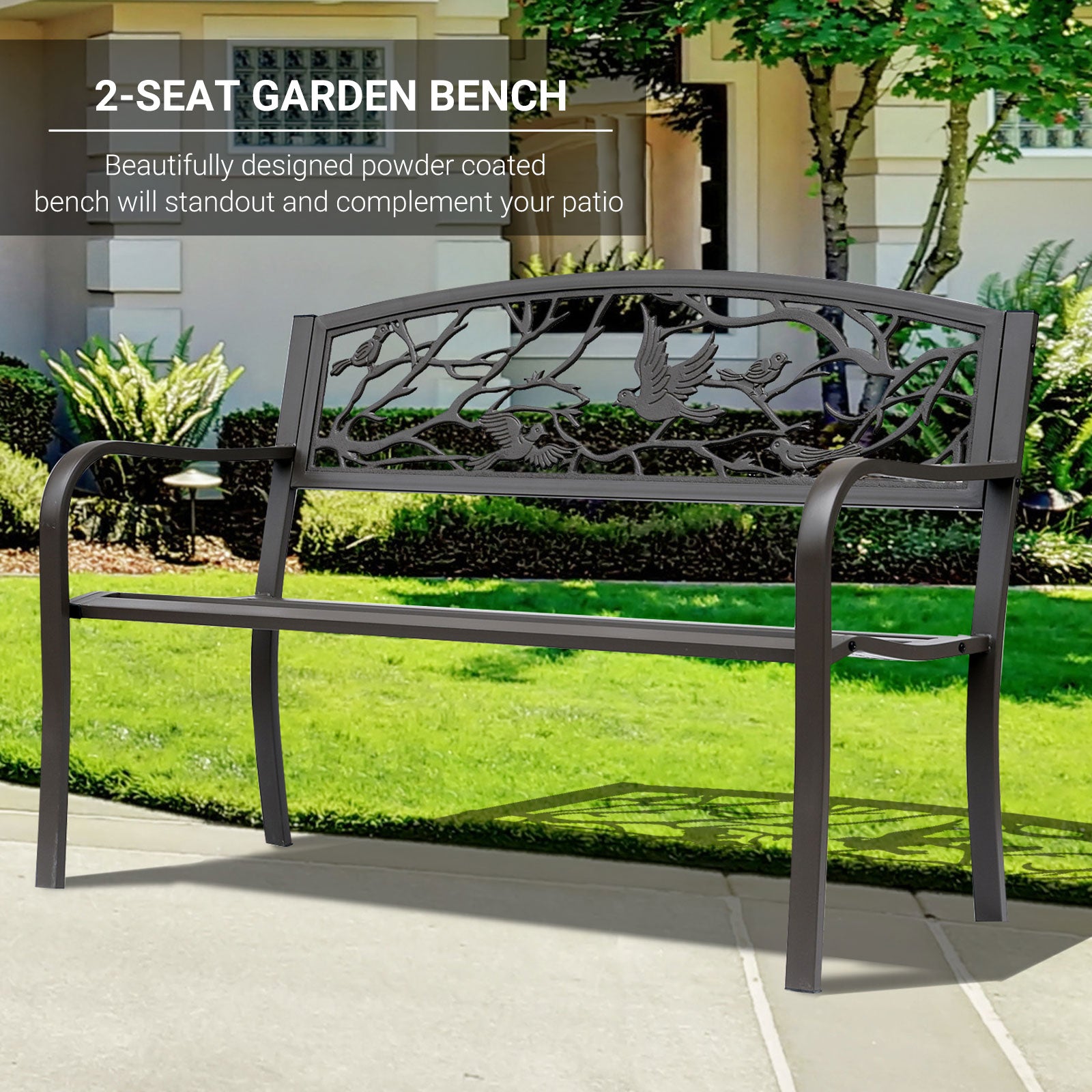 Brown 2-seat garden bench with bird motif backrest and horizontal slat seat