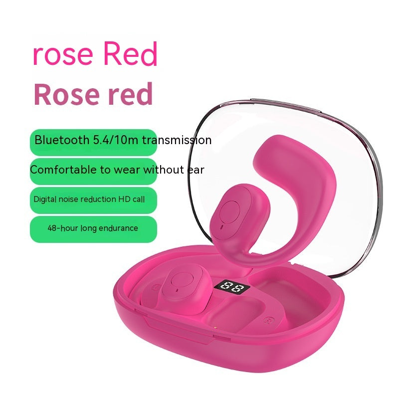 Rose red bone conduction headset with earbuds in open charging case, digital display