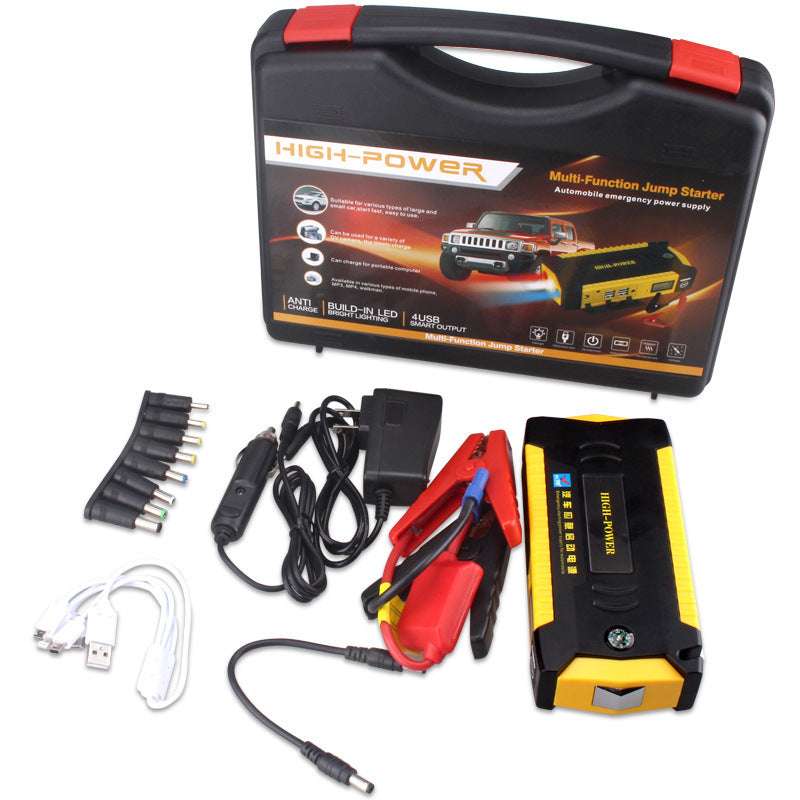 High-power jump starter kit with accessories on a white background