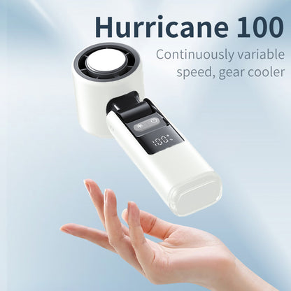 White portable fan with circular grille and folded handle, showing front control buttons