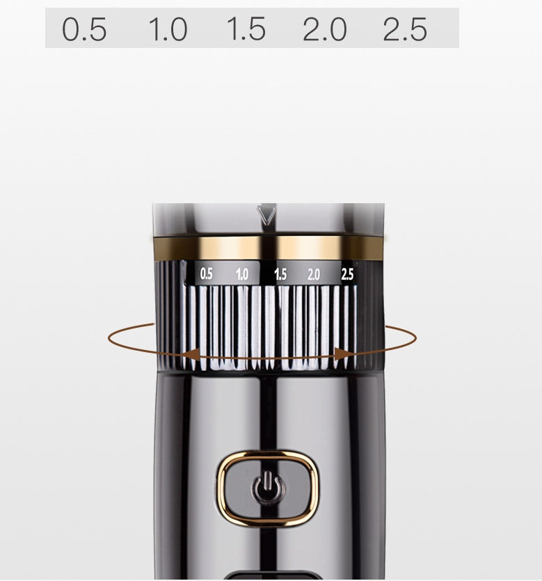 Close-up of a coffee grinder with measurement markings on a white background
