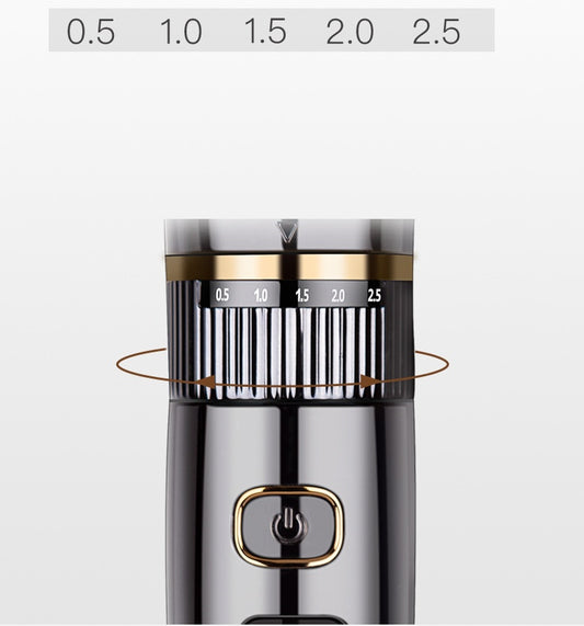 Close-up of a coffee grinder with measurement markings on a white background