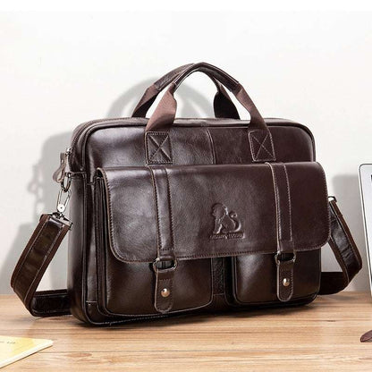 Brown leather business briefcase with front flap, buckle straps, and side lock hardware