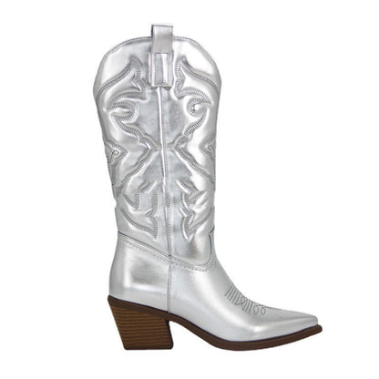 Women's Vintage Big Waist Chunky Heel High Cowboy Boots