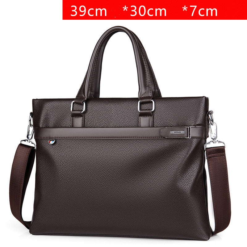 Men's soft leather briefcase, brown with top handles and side shoulder straps