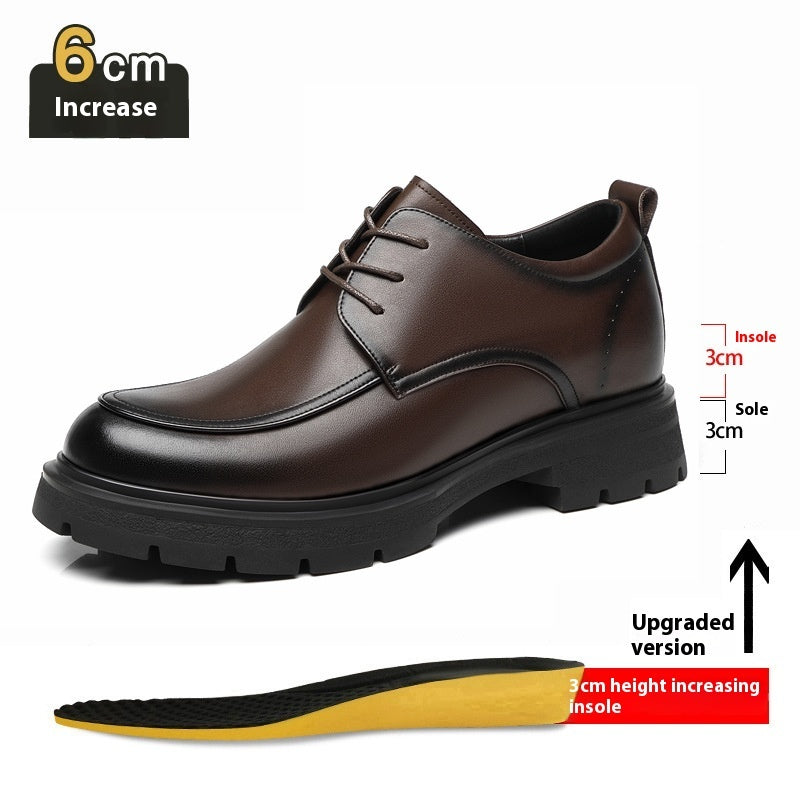 Men's 6cm lift formal shoes, brown leather lace-up, visible 3cm insole and 3cm sole