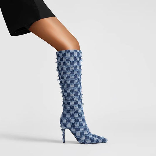 Chessboard Plaid Denim Blue Cloth Women's Boots