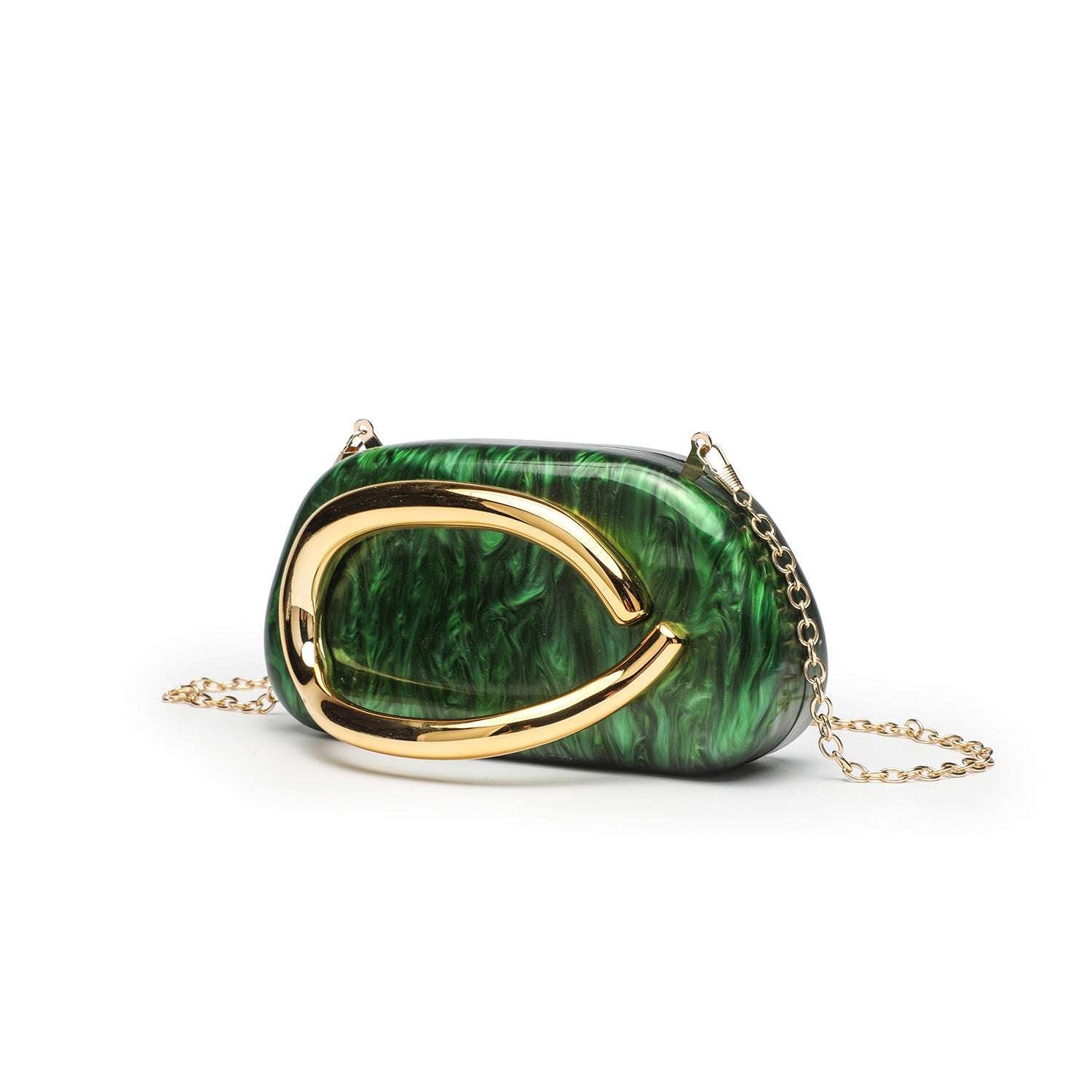 Green acrylic dinner clutch with gold oval handle and chain strap