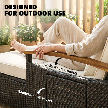 Rattan daybed armrest with acacia wood accents and dark woven wicker, beige cushion