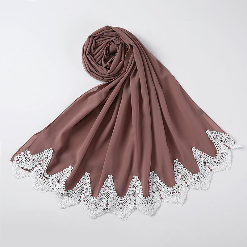 New Pearl Chiffon Scarf Malaysia Fashion Stitching Lace Scarf