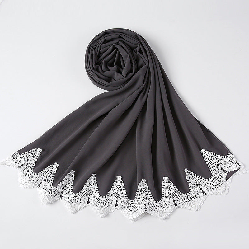 New Pearl Chiffon Scarf Malaysia Fashion Stitching Lace Scarf