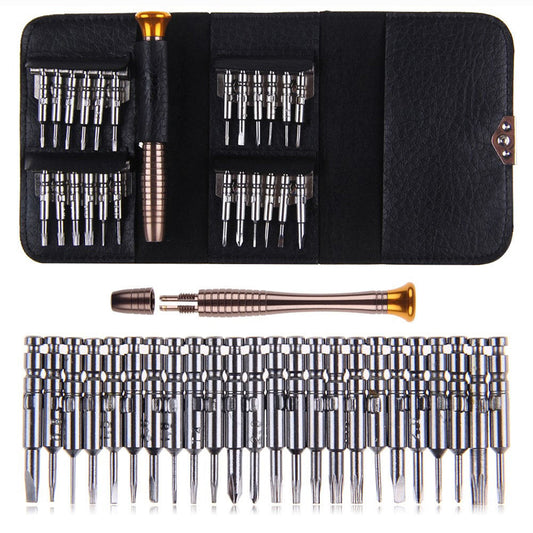 Black leather screwdriver wallet with bits and handle, open