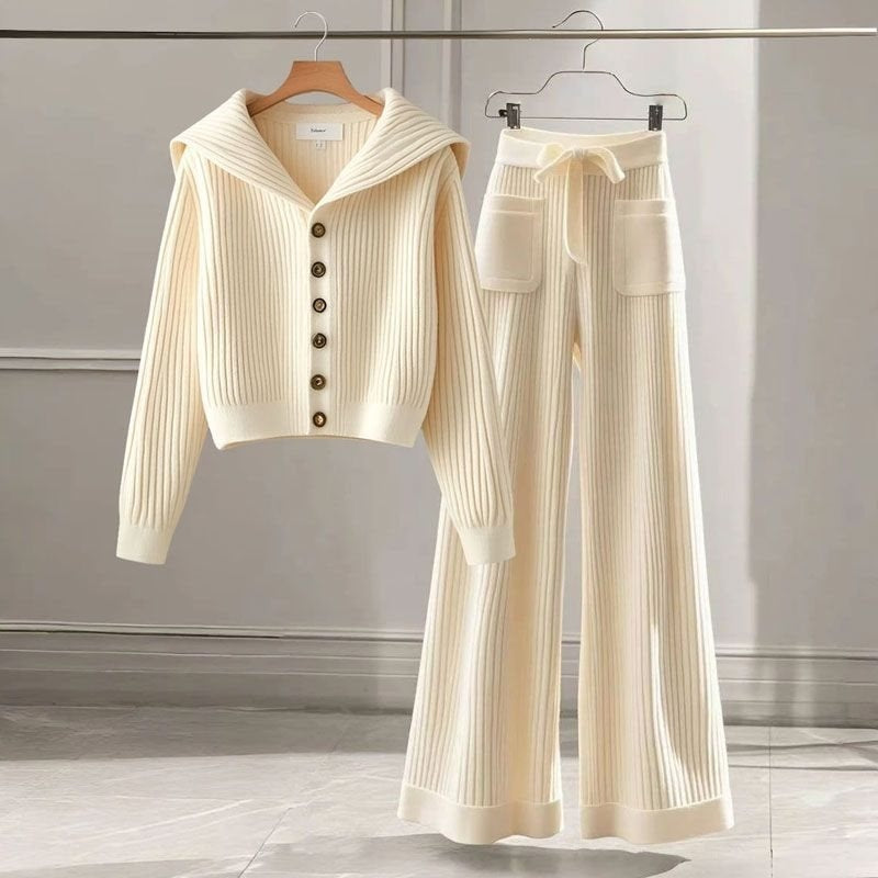 Cream hooded ribbed knit cardigan and matching wide-pocket straight-leg pants set