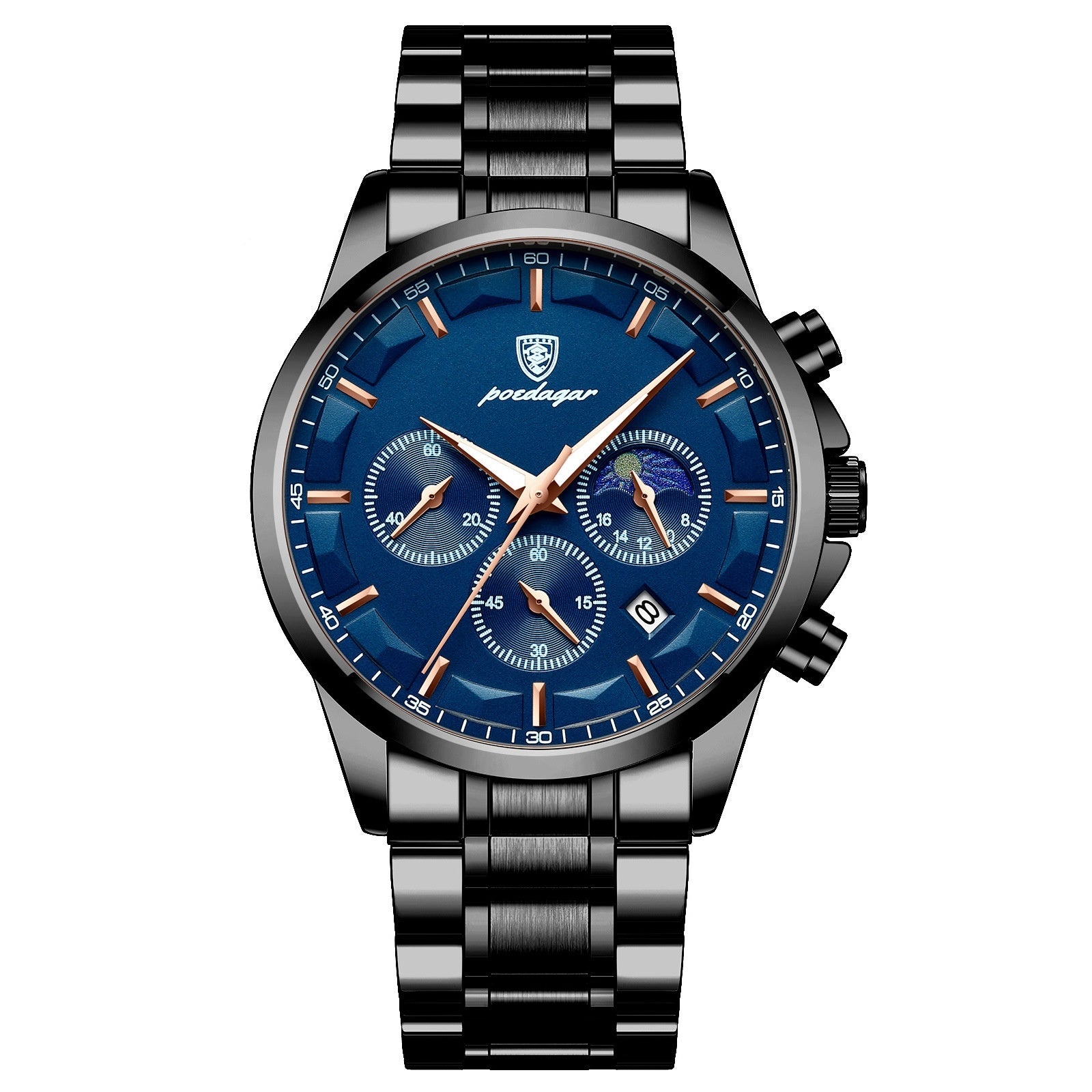 Men's sports watch, blue dial with subdials, gold hands, metal link bracelet