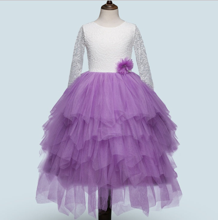 Girls' princess dress with white lace bodice, purple tulle ruffles, flower waist accent