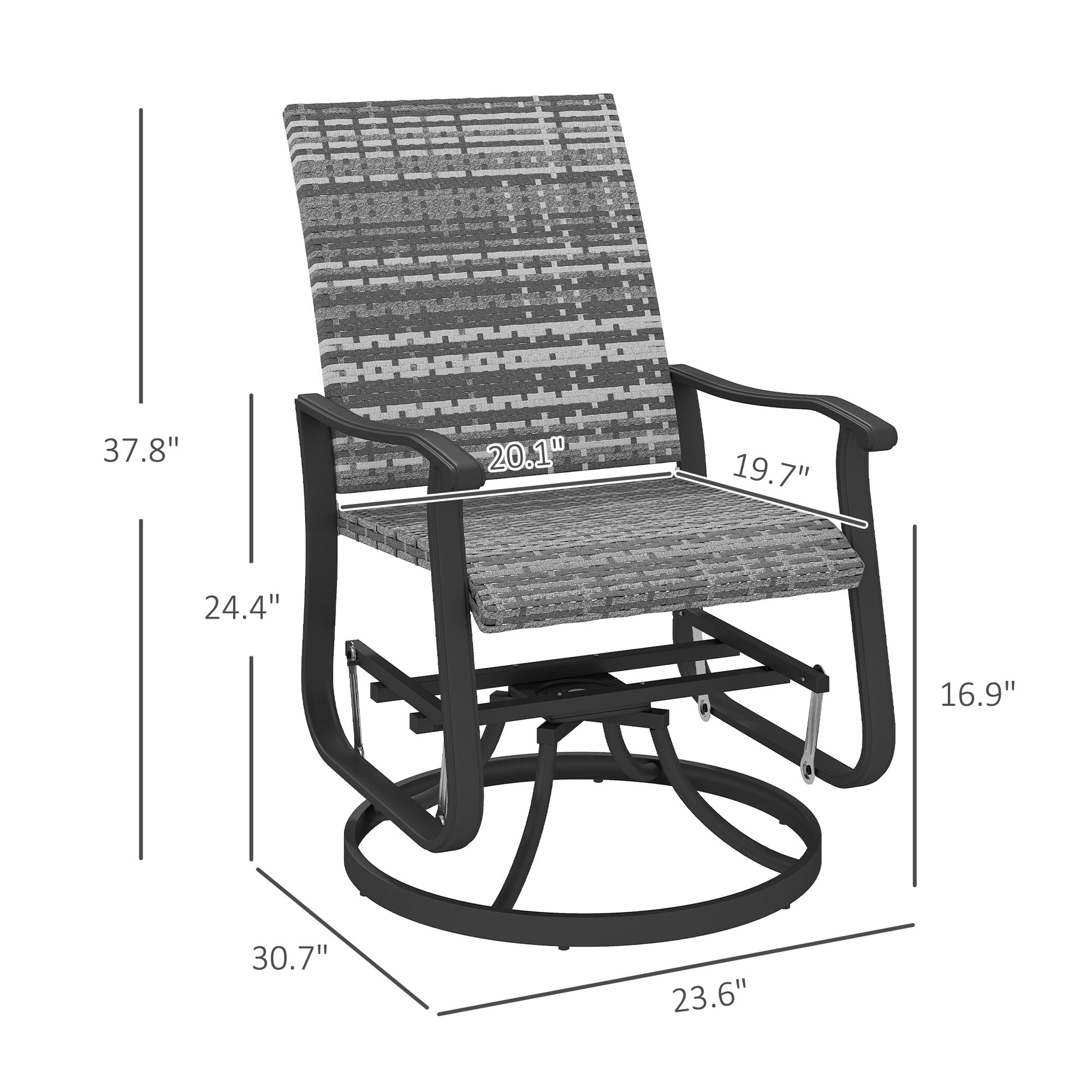 Gray woven wicker high-back swivel glider chair with armrests and curved rocking base